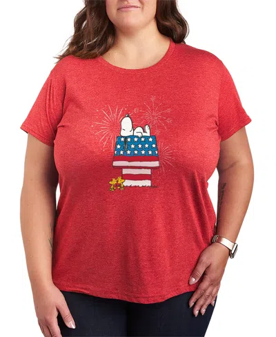 Hybrid Apparel Plus Size Peanuts Dog House Fireworks Short-sleeve Graphic T-shirt In Red