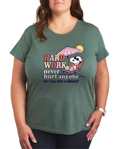 Hybrid Apparel Plus Size Peanuts Hard Work Short-sleeve Graphic T-shirt In Green