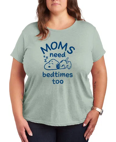 Hybrid Apparel Plus Size Peanuts Moms Need Bedtimes Too Snoopy Short-sleeve Graphic T-shirt In Green