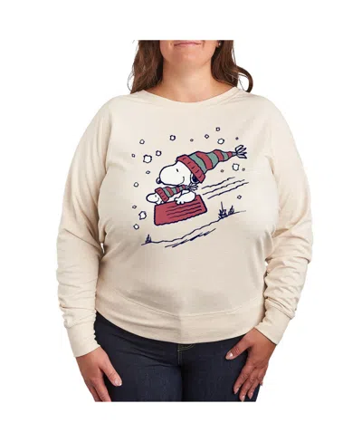 Hybrid Apparel Plus Size Peanuts Sledding Graphic Pullover T-shirt In Beige,khaki