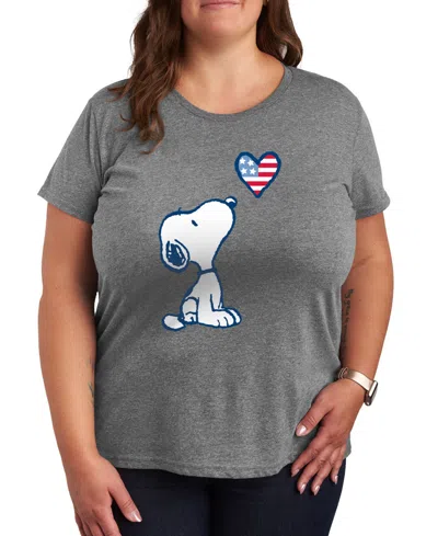 Hybrid Apparel Plus Size Peanuts Snoopy American Flag Heart Graphic T-shirt In Gray