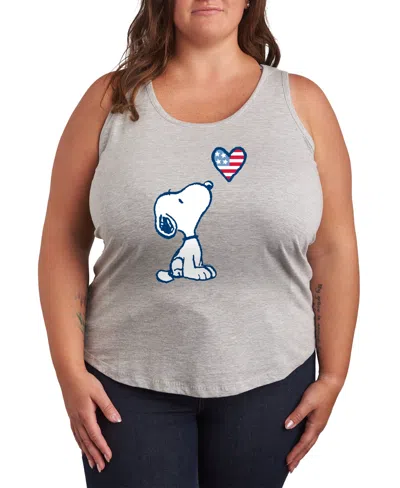 Hybrid Apparel Plus Size Peanuts Snoopy American Flag Heart Graphic Tank Top In Gray