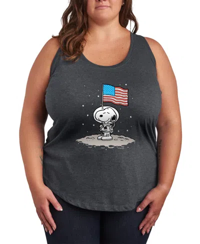 Hybrid Apparel Plus Size Peanuts Snoopy Astronaut American Flag Racerback Graphic Crewneck Tank Top In Gray
