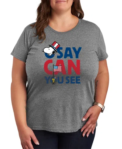 Hybrid Apparel Plus Size Peanuts Snoopy Say Can You See Short-sleeve Graphic T-shirt In Gray