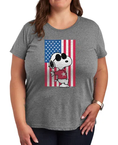 Hybrid Apparel Plus Size Peanuts Snoopy Usa Flag Graphic Crew Neck T-shirt In Gray