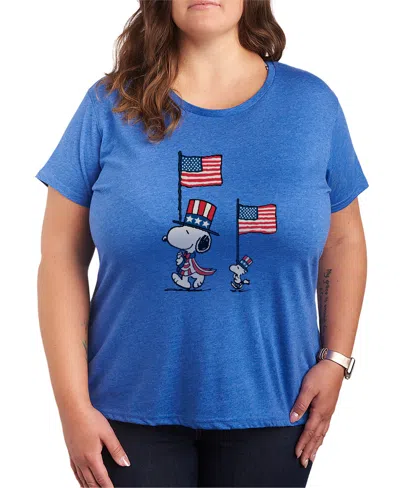 Hybrid Apparel Plus Size Peanuts Snoopy Woodstock Flags Short-sleeve Graphic T-shirt In Blue