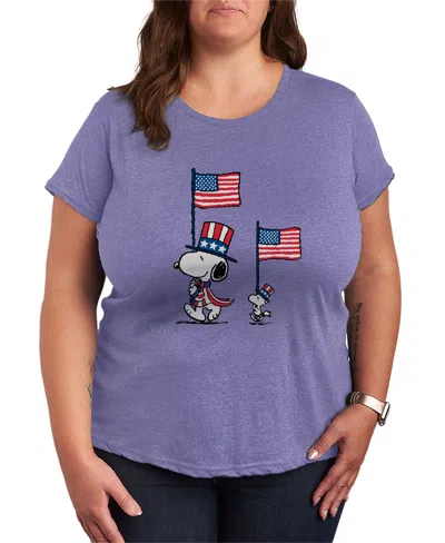 Hybrid Apparel Plus Size Peanuts Snoopy Woodstock Flags Short-sleeve Graphic T-shirt In Purple