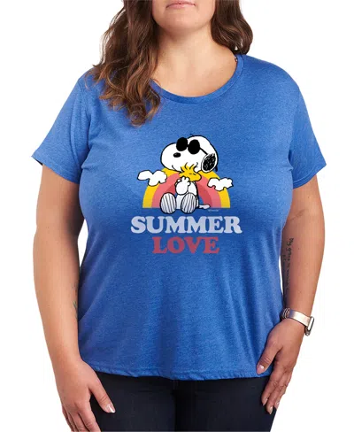 Hybrid Apparel Plus Size Peanuts Summer Love Snoopy And Woodstock Short-sleeve Graphic T-shirt In Blue