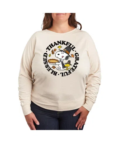 Hybrid Apparel Plus Size Peanuts Thankful Graphic Pullover T-shirt In Beige,khaki