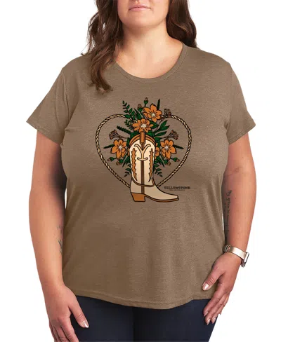 Hybrid Apparel Plus Size Short-sleeve Graphic Yellowstone Boot Flower Tee In Brown