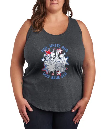 Hybrid Apparel Plus Size Spongebob Square Pants Red White Deep Blue Sea Racerback Graphic Tank Top In Gray