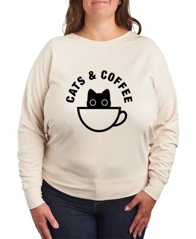 Hybrid Apparel Plus Size Trendy Cats Coffee Graphic Pullover Top In Beige,khaki