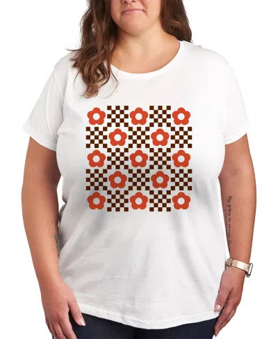 Hybrid Apparel Plus Size Trendy Checkered Flower Graphic Crew Neck T-shirt In White