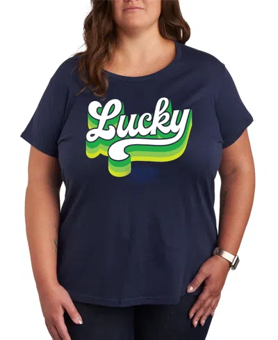 Hybrid Apparel Plus Size Trendy Retro Lucky Graphic Crew Neck T-shirt In Blue