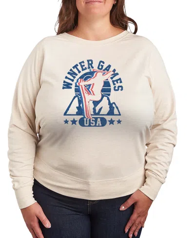 Hybrid Apparel Plus Size Winter Games Skiing Word Art Long Sleeve T-shirt In White
