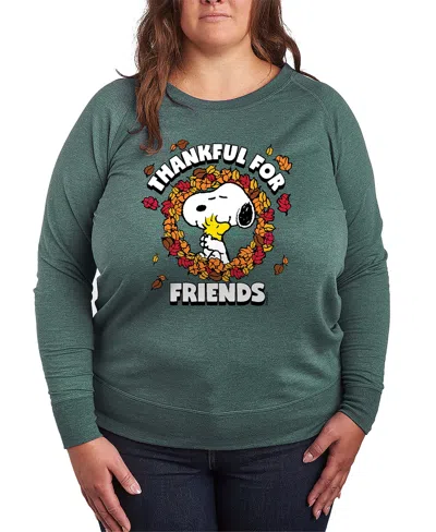 Hybrid Apparel Snoopy And Woodstock Fall Friends Women's French Terry Long Sleeve Shirt In Green