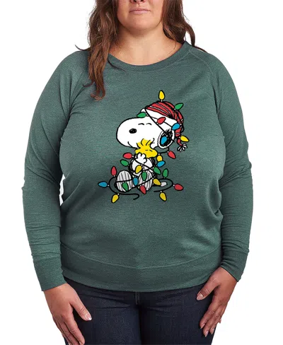 Hybrid Apparel Snoopy Ans Woodstock Christmas Lights Women's French Terry Long Sleeve Shirt In Green