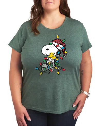 Hybrid Apparel Snoopy Ans Woodstock Christmas Lights Women's Short Sleeve Graphic T-shirts In Green