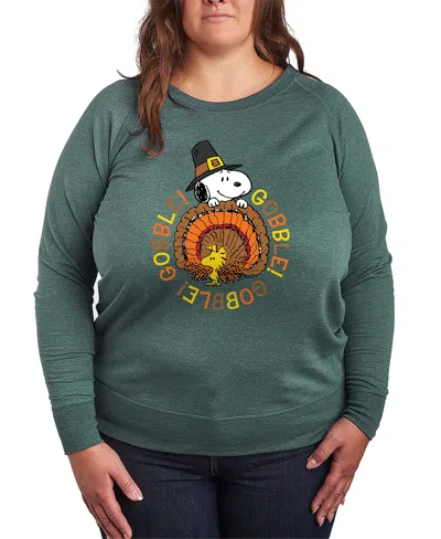 Hybrid Apparel Thanksgiving Turkey Snoopy And Woodstock Women's French Terry Long Sleeve Shirt In Green
