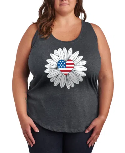 Hybrid Apparel Trendy Plus Size American Flag Heart Flower Graphic Tank In Grey