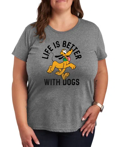 Hybrid Apparel Trendy Plus Size Disney Life Is Better With Dogs Pluto Graphic Crew Neck T-shirt In Grey