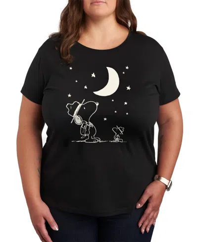 Hybrid Apparel Trendy Plus Size Peanuts Snoopy & Woodstock Moon And Stars Graphic T-shirt In Black