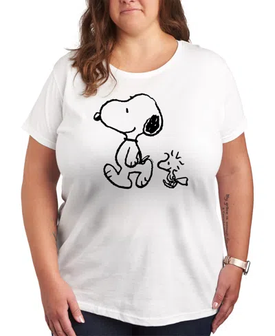 Hybrid Apparel Trendy Plus Size Peanuts Snoopy Woodstock Walk Graphic Crew Neck T-shirt In White