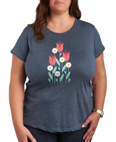 Hybrid Apparel Trendy Plus Size Spring Florals Graphic Crew Neck T-shirt In Blue