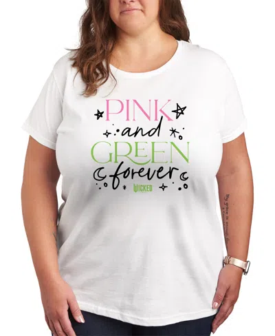 Hybrid Apparel Trendy Plus Size Wicked Pink And Green Graphic Crew Neck T-shirt In White