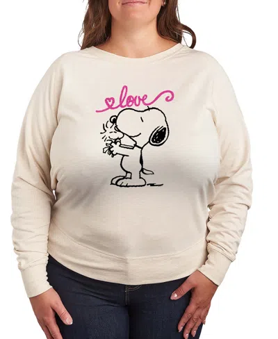 Hybrid Apparel Women's Peanuts Snoopy And Woodstock Love French Terry Long Sleeve T-shirt In Brown