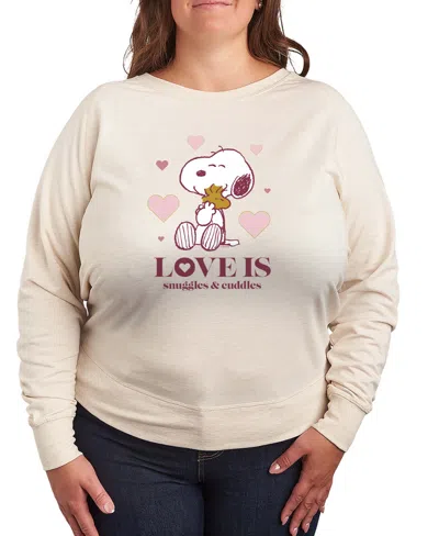 Hybrid Apparel Women's Peanuts Snoopy And Woodstock Love Is Snuggles And Cuddles French Terry Long Sleeve T-shirt In Neutral
