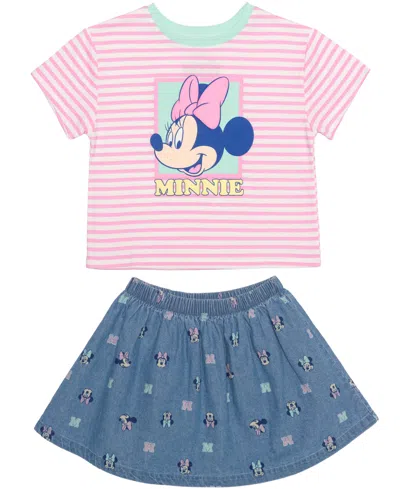 Hybrid Kids' Girls' 2t-6x Minnie Mouse Stripe T-shirt And Skirt, 2-piece Set In Multi