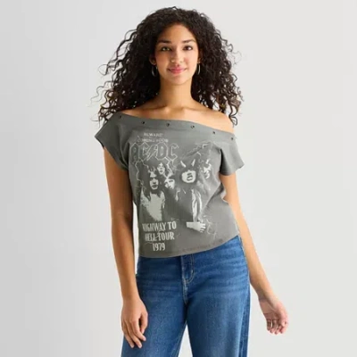Hybrid Tees Acdc Off The Shoulder Tee Womens Crew Neck Short Sleeve Regular Fit Ac/dc Graphic T-shirt In Multi