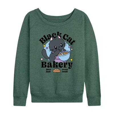 Hybrid Tees Black Cat Bakery Womens Crew Neck Long Sleeve Regular Fit Graphic T-shirt In Green