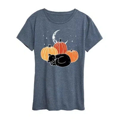 Hybrid Tees Black Cat Pumpkin Nap Womens Crew Neck Short Sleeve Regular Fit Graphic T-shirt In Blue