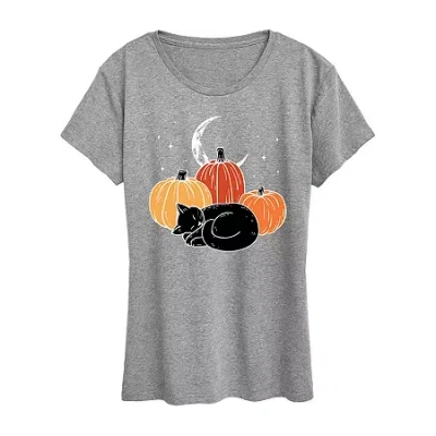 Hybrid Tees Black Cat Pumpkin Nap Womens Crew Neck Short Sleeve Regular Fit Graphic T-shirt In Gray