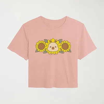 Hybrid Tees Capybara Fall Sunflower Womens Crew Neck Short Sleeve Regular Fit Graphic T-shirt In Pink
