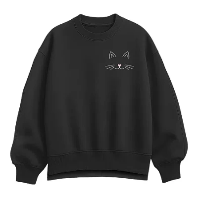 Hybrid Tees Cat Face Womens Crew Neck Long Sleeve Pullover Sweater In Black