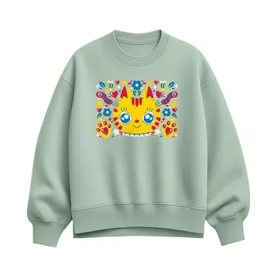 Hybrid Tees Cat Flower Doodle Womens Crew Neck Long Sleeve Pullover Sweater In Green