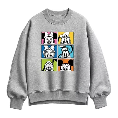 Hybrid Tees Character Grid Womens Crew Neck Long Sleeve Mickey And Friends Pullover Sweater In Gray