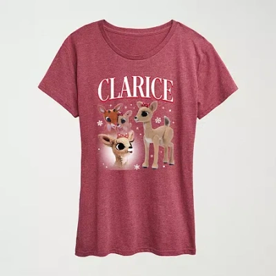 Hybrid Tees Clarice Womens Crew Neck Short Sleeve Regular Fit Rudolph Graphic T-shirt In Burgundy