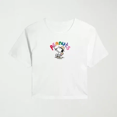 Hybrid Tees Colorful Painting Cropped Womens Juniors Crew Neck Short Sleeve Classic Fit Peanuts Snoopy Graphic T In White
