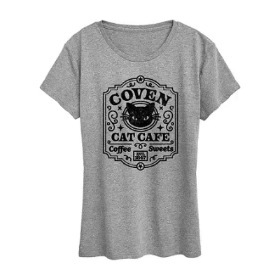 Hybrid Tees Coven Cat Cafe Womens Crew Neck Short Sleeve Regular Fit Graphic T-shirt In Gray
