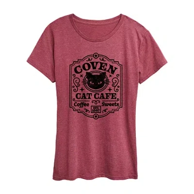 Hybrid Tees Coven Cat Cafe Womens Crew Neck Short Sleeve Regular Fit Graphic T-shirt In Red