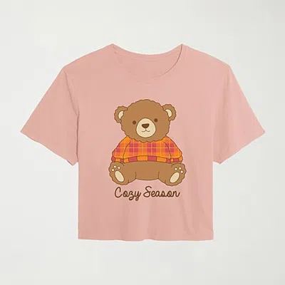 Hybrid Tees Cozy Season Teddy Bear Womens Crew Neck Short Sleeve Regular Fit Graphic T-shirt In Pink