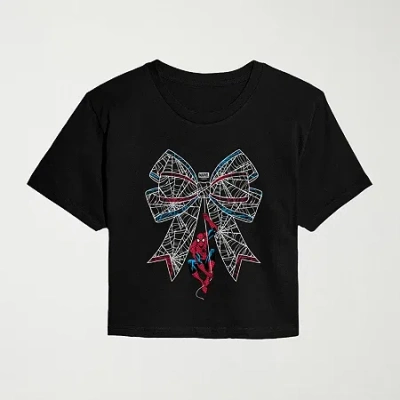 Hybrid Tees Cute Web Bow Cropped Womens Juniors Crew Neck Short Sleeve Classic Fit Marvel Spiderman Graphic T-sh In Black