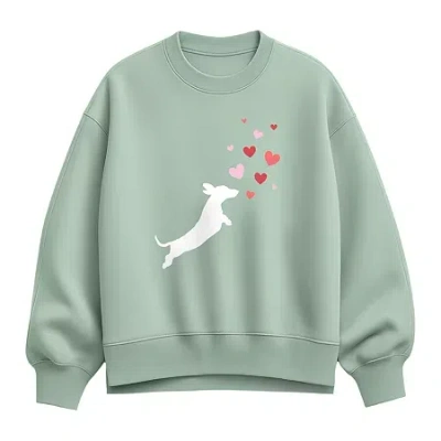 Hybrid Tees Dachsund Hearts Womens Crew Neck Long Sleeve Pullover Sweater In Green