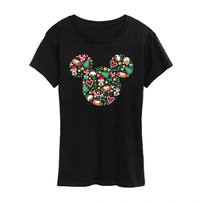 Hybrid Tees Disney Mickey Silhouette Christmas Womens Crew Neck Short Sleeve Regular Fit Mickey And Friends Grap In Multi