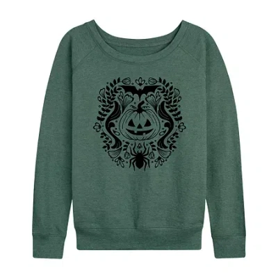 Hybrid Tees Floral Pumpkin Halloween Womens Round Neck Long Sleeve Regular Fit Graphic T-shirt In Green