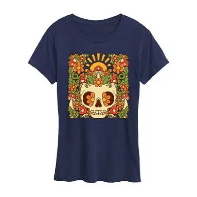 Hybrid Tees Floral Skull Womens Crew Neck Short Sleeve Regular Fit Graphic T-shirt In Blue